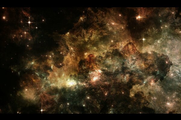 Nebulosa dorata piena di stelle luminose