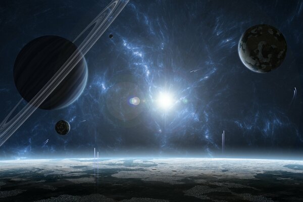 Układ gwiezdny z 4 planetami i gazowym świecącym olbrzymem