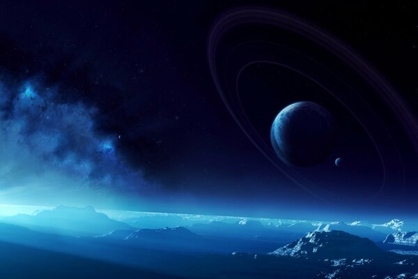 Die Oberfläche des Planeten mit den Planeten am Himmel