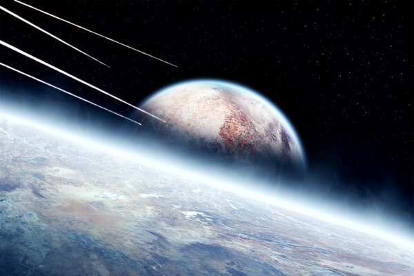 Volare lungo la superficie del razzo sullo sfondo del pianeta