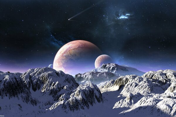 Paesaggio montano con vista su stelle e pianeti