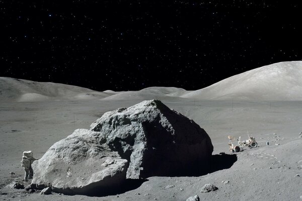 Astronautas exploran la superficie lunar