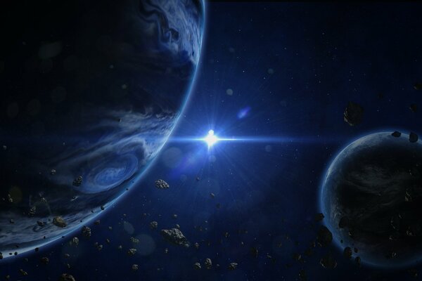 Zwei Planeten und ein Stern im Weltraum