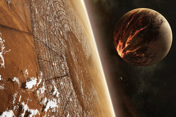 La planète rouge du feu se précipite vers le brun sur fond de ciel noir