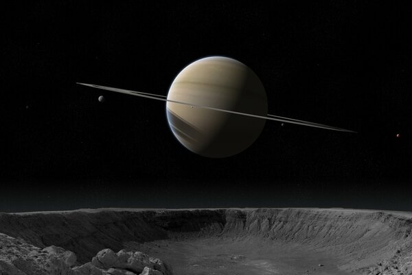 Der Krater und der Planet Saturn im Weltraum