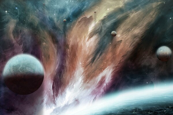 Kosmiczny wszechświat z planetami, rysunek