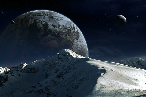View from a snow-covered mountain to its planetary satellites