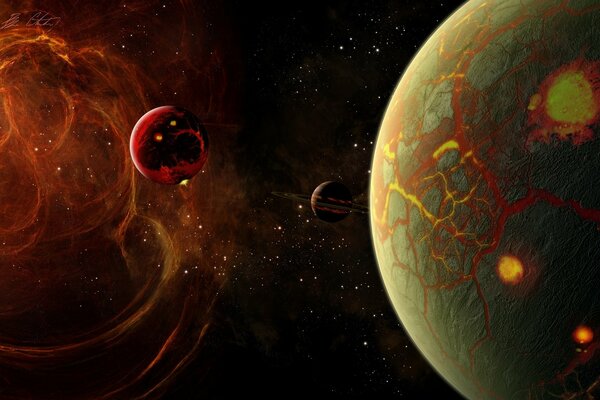 Fantástico paisaje espacial. Planeta volcánico