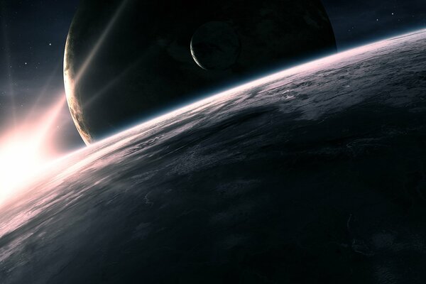 Vista de un planeta con su satélite