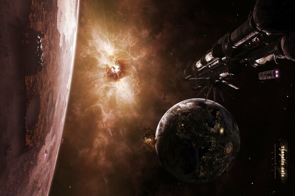 Planetas y naves espaciales contra el sol