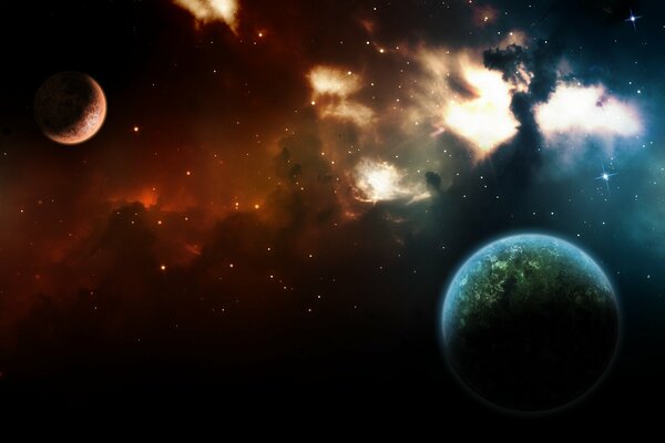 Weltall. Zwei Planeten. Roter Nebel