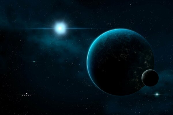 Ein Planet und ein Satellit in der Dunkelheit des Weltraums