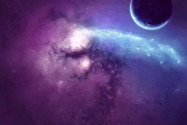 Grande pianeta con satellite nel cielo lilla con galacticoc