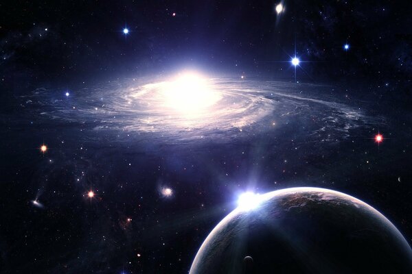 A planet against the background of the galaxy, darkness