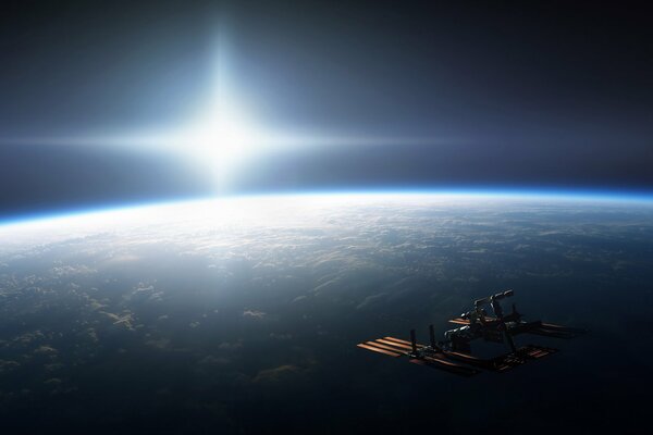 ISS vue dans l espace sous la lumière du soleil