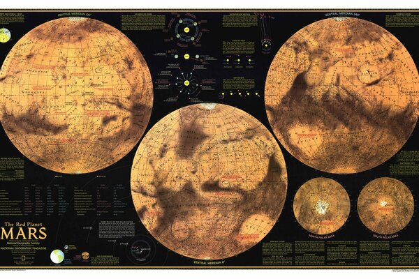 A large map with hemispheres and the inscription Mars at the bottom