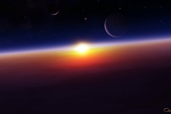 Solar glow in space with planets