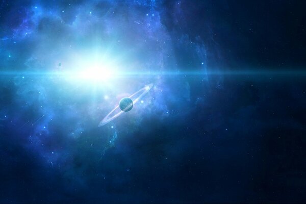 Planet im Weltraum vor dem Hintergrund eines hellen Sterns