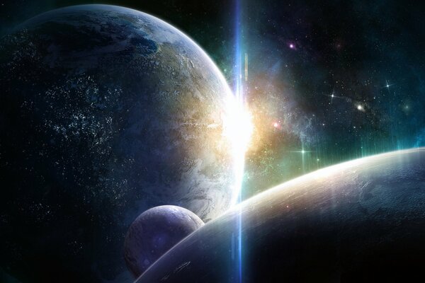 Ein entfernter Planet einer anderen Zivilisation mit dem Aufgang eines Sterns und zwei Satelliten
