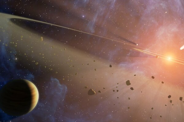 Asteroidi che volano oltre i pianeti nello spazio