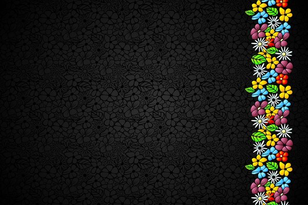 Schwarze Textur mit Blumen, Streifen aus bunten Blumen