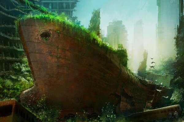 Navire abandonné dans la verdure