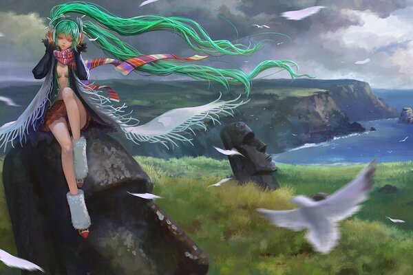 Girl on a rock on the ocean