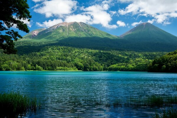Зеленые горы на берегу озера