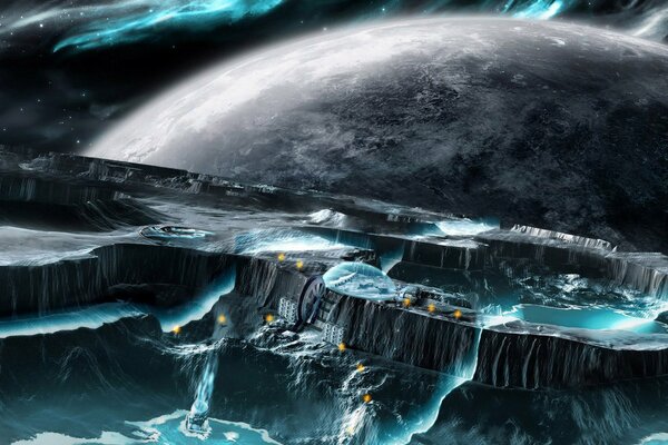 Astronave e luna sullo sfondo