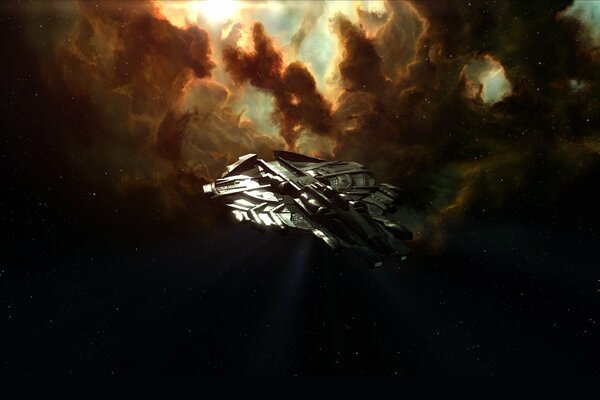 Nave espacial en el fondo de la nebulosa