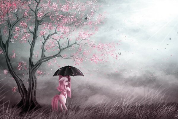 A pony under an umbrella looks at the birds