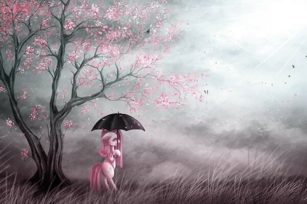 Un poney sous un parapluie regarde les oiseaux