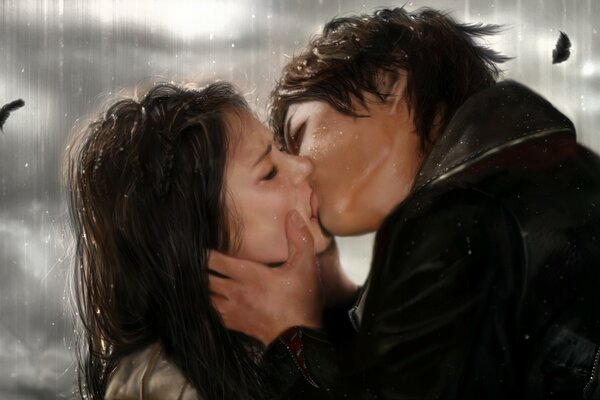 El beso de Damon y Elena de the Vampire Diaries.