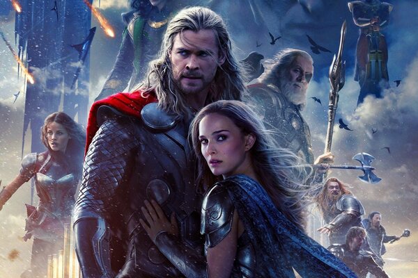 Una película de acción con superhéroes y Thor en primer plano