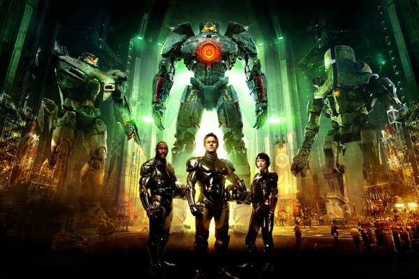 Eroi del film Pacific Rim sullo sfondo di robot