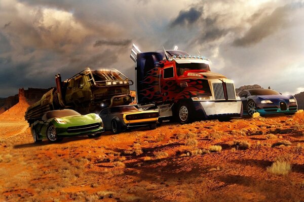 A line of Autobot cars