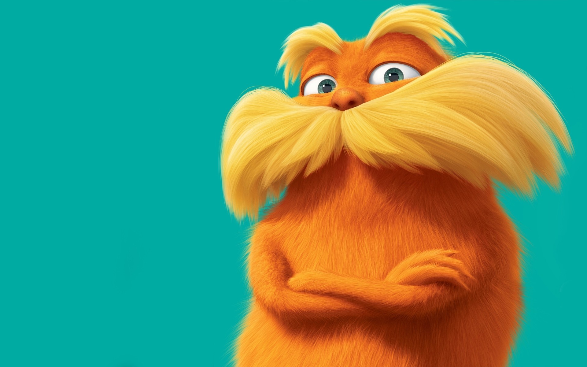 lorax pomarańczowy niebieskie tło wąsaty