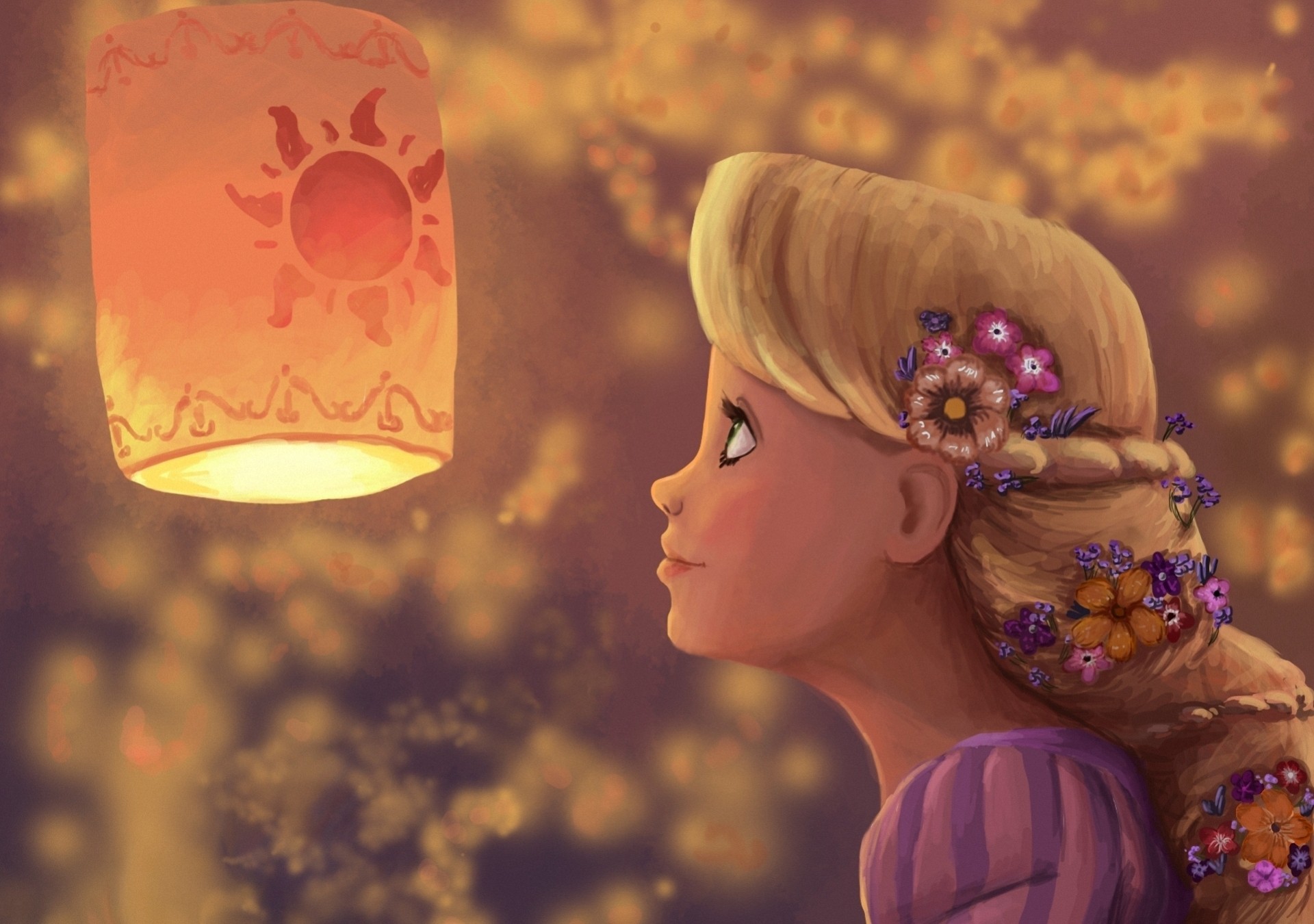 arte ragazza fiori profilo torcia rapunzel