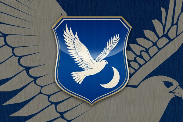 Blue coat of arms with the image of a white bird and a month