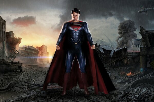 Superman from the Avengers against the backdrop of a destroyed city