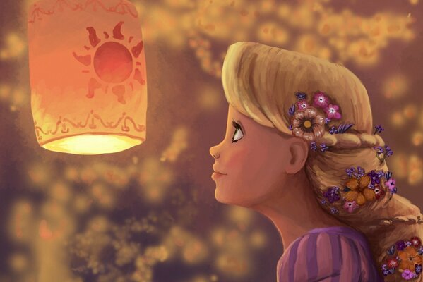 Bild von Rapunzel mit Blumen im Haar und einer leuchtenden Taschenlampe