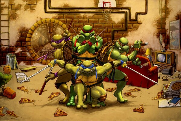 Teenage mutant ninja Turtles avec des pizzas dans la salle