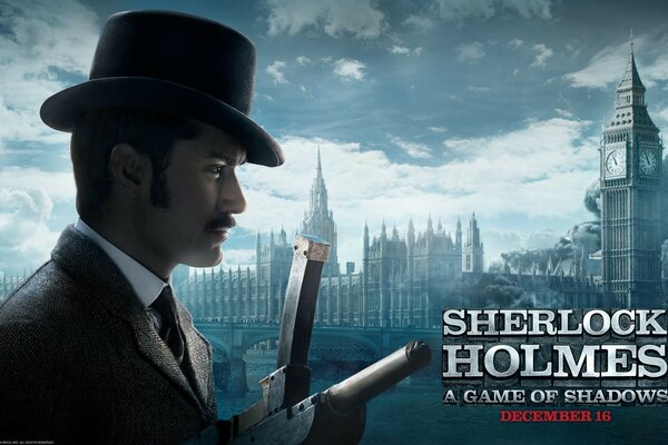 Sherlock Holmes sur le fond de la ville et les nuages