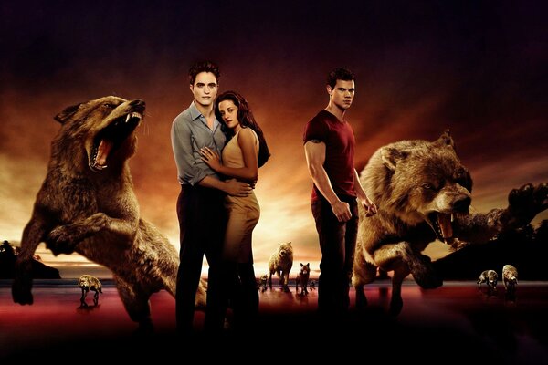 Actors of the Twilight series against the background of sunset and werewolves