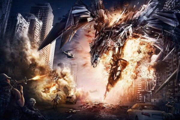Les Transformers détruisent la ville. ville en fumée