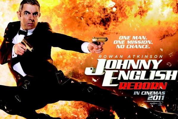 Poster mit Rowan Atkinson mit einer Explosion im Hintergrund