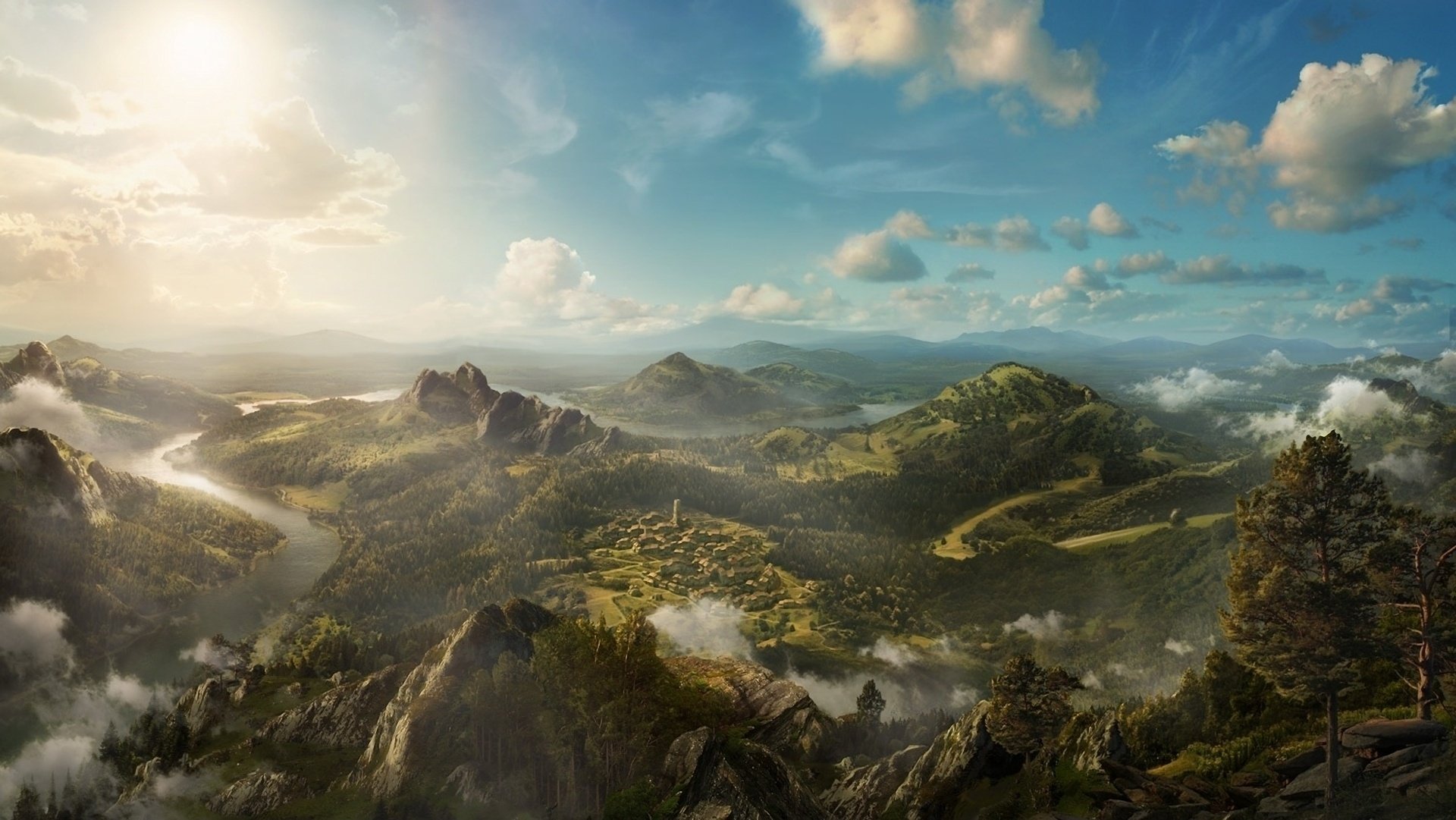 panorama vue art rivière paysage montagnes roches collines