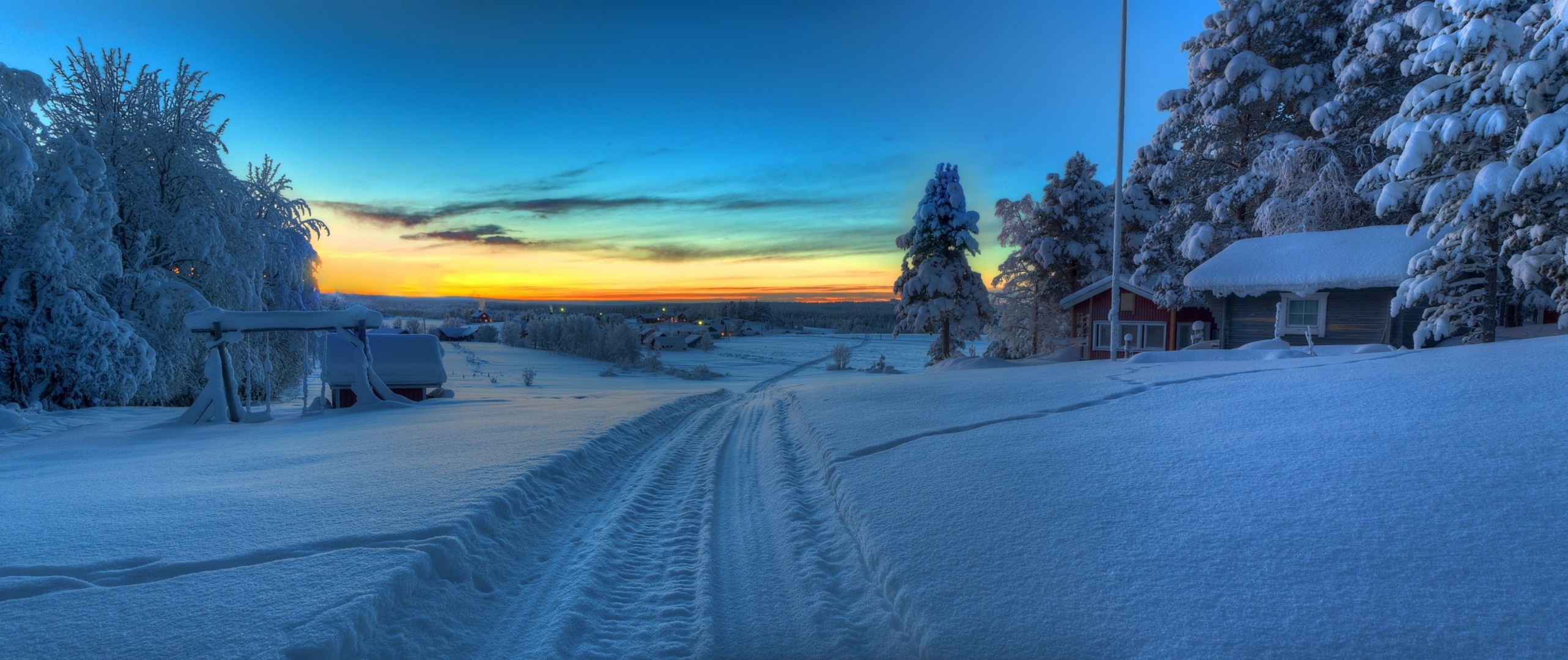 paysage coucher de soleil route panorama hiver suède maison