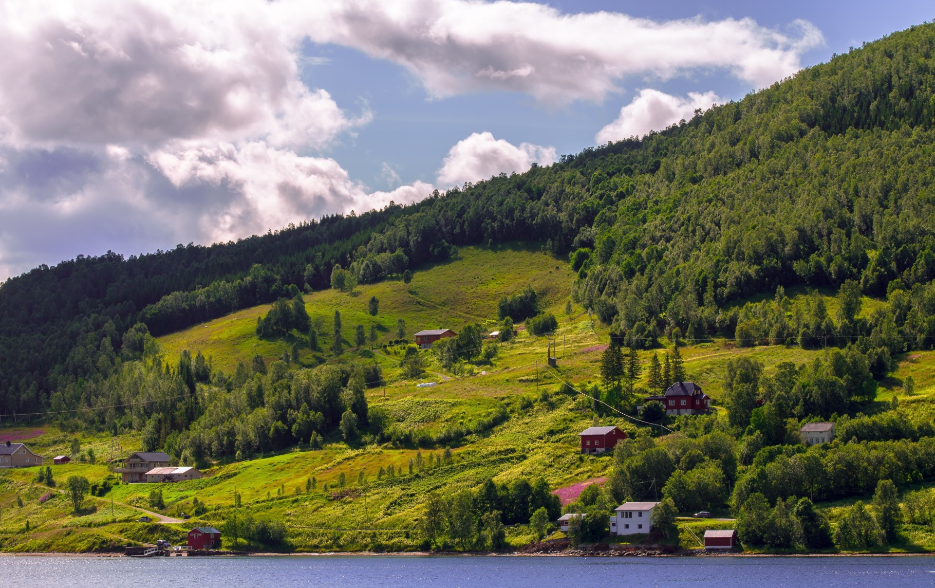 noruega casas naturaleza río colinas