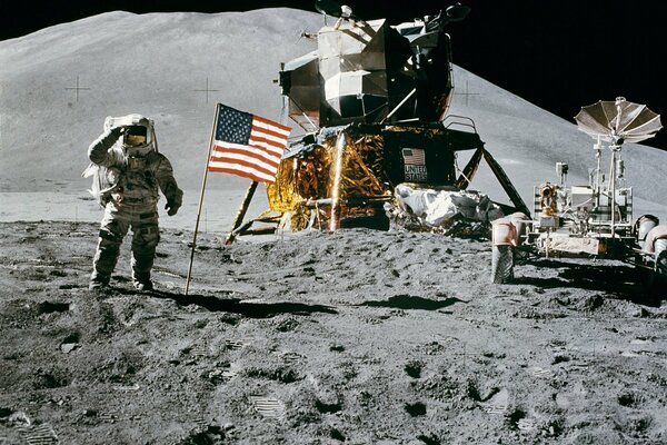 An American astronaut in a spacesuit on the moon